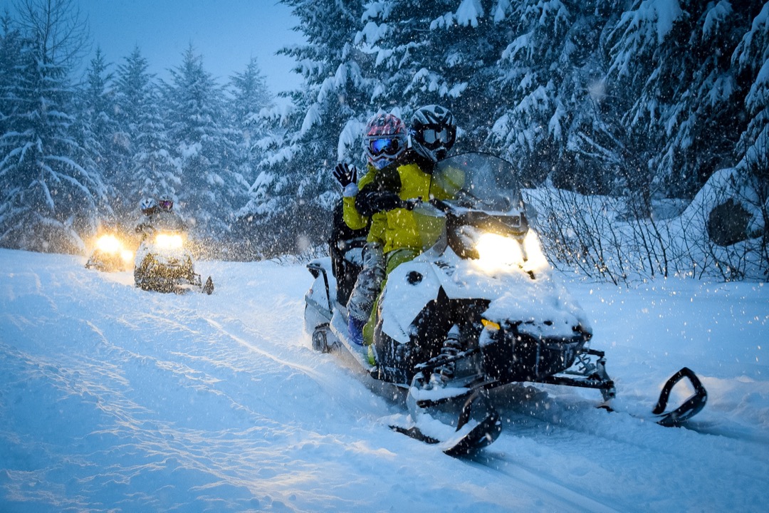 Group of people riding on snowmobiles 
